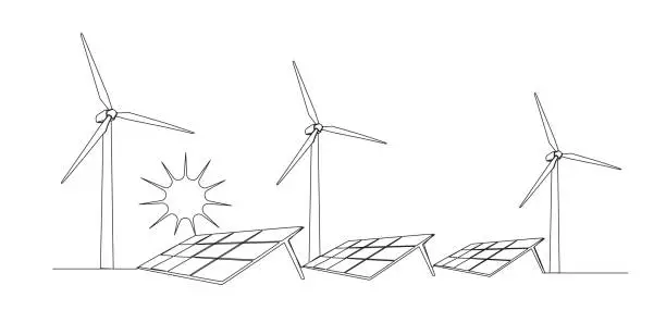 Vector illustration of continuous single line drawing of solar energy and wind power concept