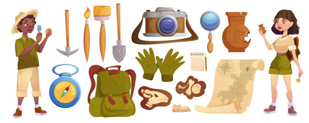 Cartoon archaeologists exploring artifacts with excavation tools Archaeologists exploring artifacts with excavation tools. Cartoon paleontology scientists studying dinosaurs fossil skeletons bones and ancient vase. Characters searching archeology elements. paleontologist stock illustrations