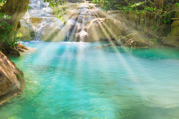 Tropical landscape with beautiful waterfall and emerald lake in green wild jungle forest. Erawan National park, Kanchanaburi, Thailand