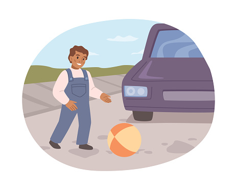 Kid playing ball on road with passing cars. Dangerous behavior of child, unwatched by parents. Risks of outdoors activities. Flat cartoon, vector illustration