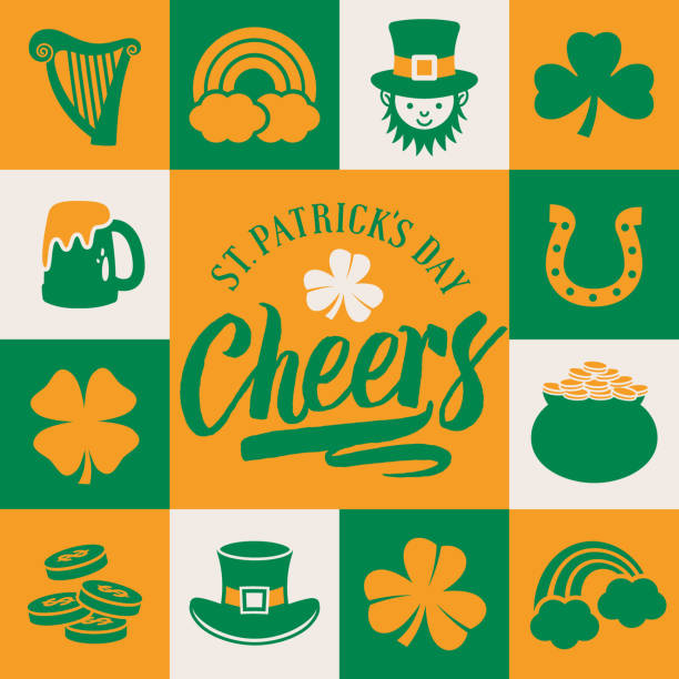 St. Patrick's Day Square Card - v2 Square banner or greeting card design for St. Patrick's Day with related icons and symbols. clover celebration event sparse simplicity stock illustrations