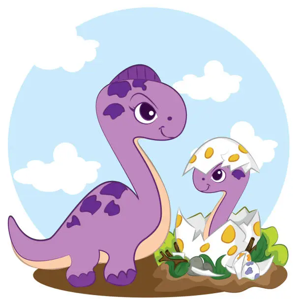 Vector illustration of A large brachiosaurus dinosaur with baby brachiosaurus