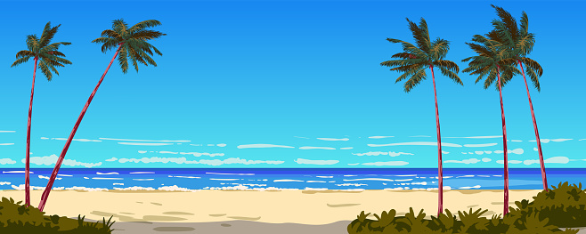 Ocean view on the sand beach, palms, seashore, horizon. Tropical landscape paradise nature, exotic island. Vector illustration banner background