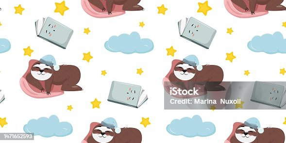 istock Cute seamless pattern with sleeping a sloth, stars and books. 1471652593