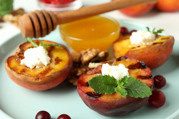 istock Plate with tasty grilled peach, close up 1471652791
