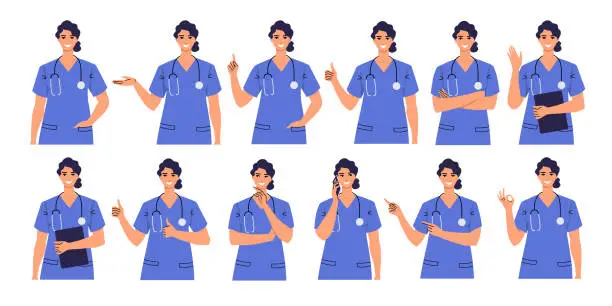 Vector illustration of Nurse with various gestures and poses. Woman showing thumb up, Ok, hand, index fingers. Medic wears scrubs. Female doctor thinks, crosses her arms, gives advice, says hello, makes a phone call.