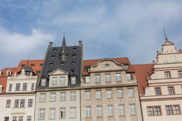 Vintage historical buildings in Leipzig Germany on sunny fall day
