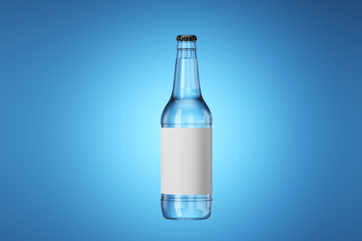 Water bottle mockup on a blue background. Blank white label on a water bottle. 3d render.