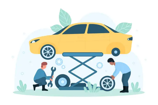 Vector illustration of Car tire service, tiny people from maintenance center change wheel and tyre with tools