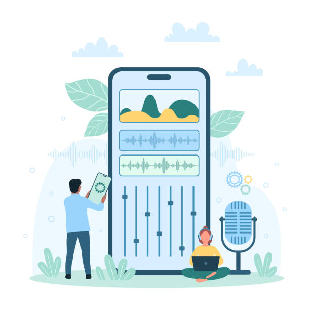 illustrations, cliparts, dessins animés et icônes de application mobile d’édition sonore, les petites personnes éditent le son numérique avec l’application d’édition dans le téléphone - audio engineer
