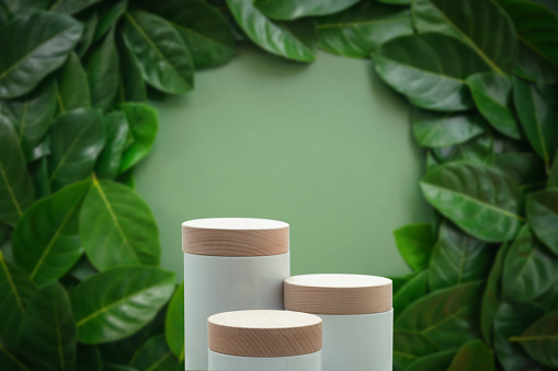 Minimal podium table top floor outdoor blurred fresh dark green leaf background.Organic herbal healthy natural product placement pedestal promotion stand display,tropical nature forest jungle concept.