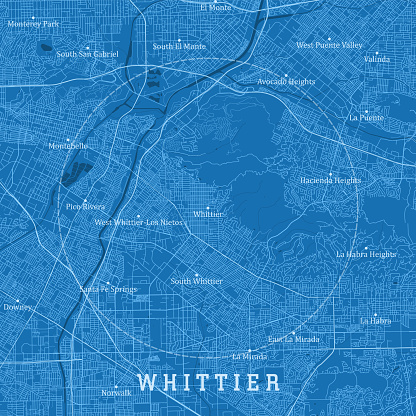 Whittier CA City Vector Road Map Blue Text. All source data is in the public domain. U.S. Census Bureau Census Tiger. Used Layers: areawater, linearwater, roads. https://www.census.gov/geographies/mapping-files/time-series/geo/tiger-line-file.html