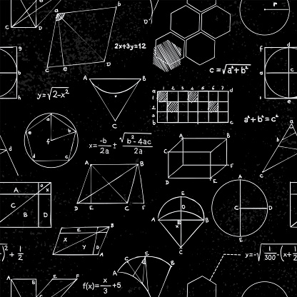 Hand-drawn math symbols on blackboard seamless background.