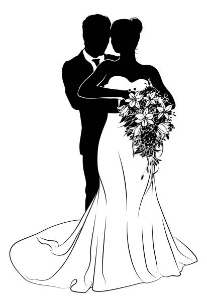 ilustraciones, imágenes clip art, dibujos animados e iconos de stock de novia y novio pareja vestido de novia siluetas - dancing women wedding reception men