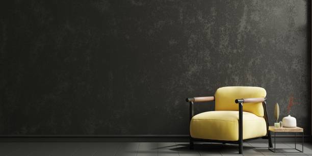 istock Living room with yellow armchair on empty dark wall background. 1471665006