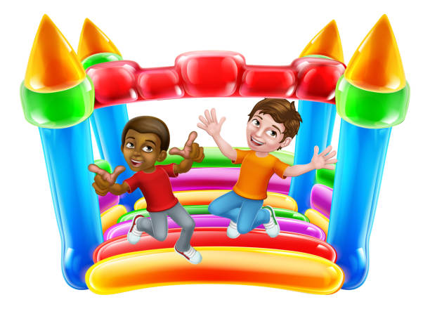 illustrazioni stock, clip art, cartoni animati e icone di tendenza di bouncy house castle jumping boys kids cartone animato - inflatable castle play playground