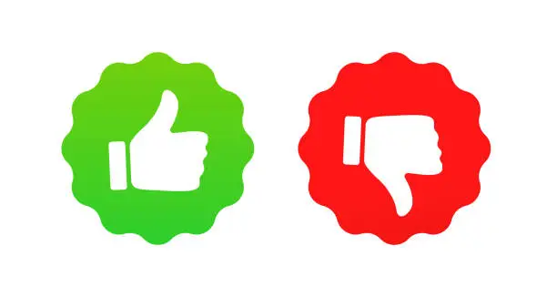 Vector illustration of Label, stamp, Thumbs up and thumbs up flat icon. I like it and I don't like it. Do's and Don'ts. Good and bad choice labels. Vote web buttons with with man hand. Vector illustration