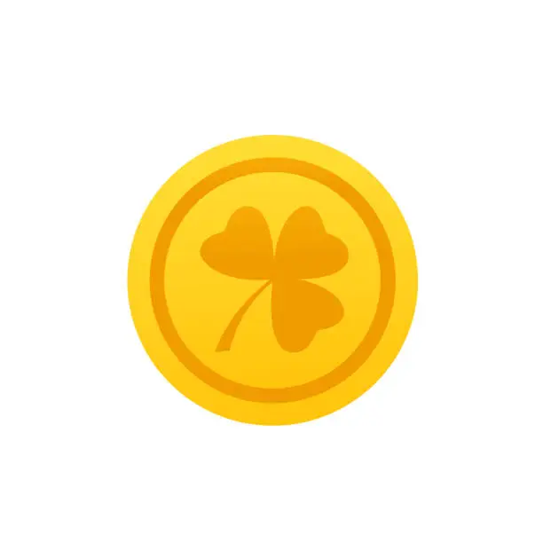 Vector illustration of Gold coin Ñlover with three leaves isolated on white background. St. Patrick s Day, lucky Concept. Vector illustration