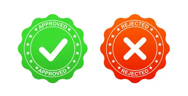 Vector illustration of Approved and rejected sticker icon. stamp. seal. round grunge vintage ribbon. Tick and cross. Vector illustration