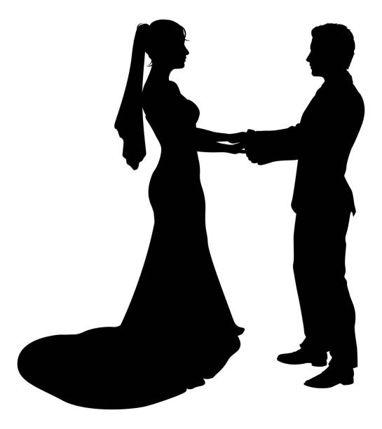 ilustrações de stock, clip art, desenhos animados e ícones de bride and groom couple wedding dress silhouettes - wedding bride wedding reception silhouette