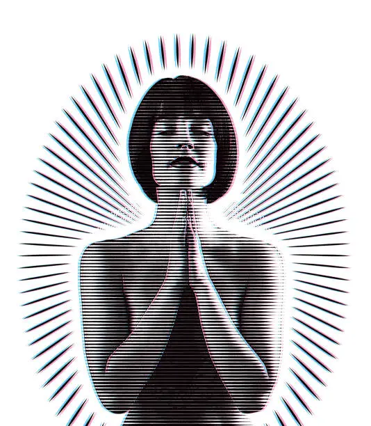 Vector illustration of Beautiful woman praying with sunbeams and Glitch Technique