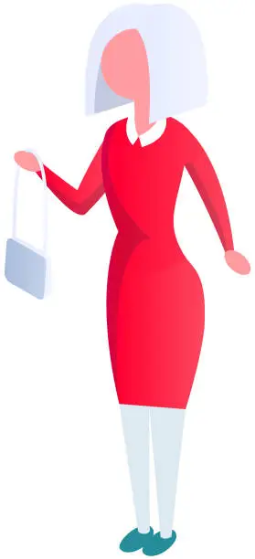 Vector illustration of Trendy woman holding clutch bag. Stylish young lady in elegant dress standing with handbag