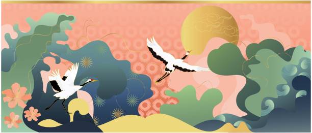 istock Vector poster with a Japanese theme. Line art style. Abstract art background vector. Japanese cranes. 1471668255