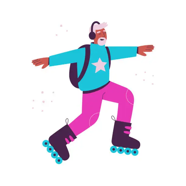 Vector illustration of Fashionable senior man rollerblading. The elderly African american black man is having fun. Active aging. Flat vector illustration of happy grandpa on roller skates with backpack and headphones.