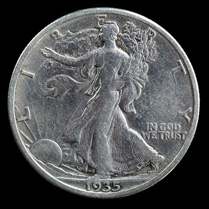 1935 Walking Liberty US silver half dollar minted in San Fransisco.