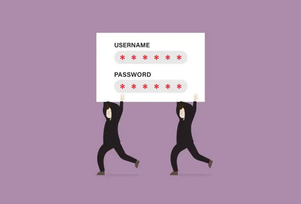 Vector illustration of Hacker steals usernames and passwords