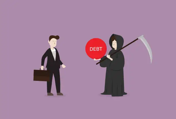 Vector illustration of Grim Ripper gives a debt to a businessman for a personal financial crisis concept