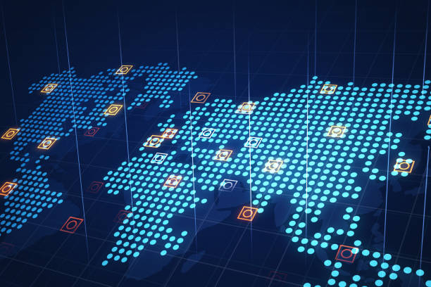 istock View from top on glowing digital world map with bright circles in squares and lines on dark blue background, data storage and social network concept. 3D rendering 1471673765