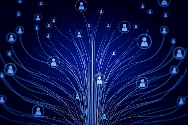 istock Personal data and social communication concept with digital graphic linen tree with user symbols on it on abstract dark background. 3D rendering 1471673778