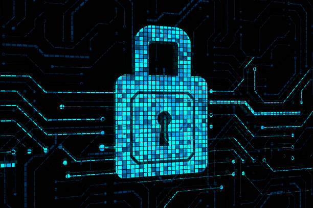 istock Personal information protection and cyber security concept with perspective view on digital closed padlock with key hole on abstract dark technological background with circuit. 3D rendering 1471674336