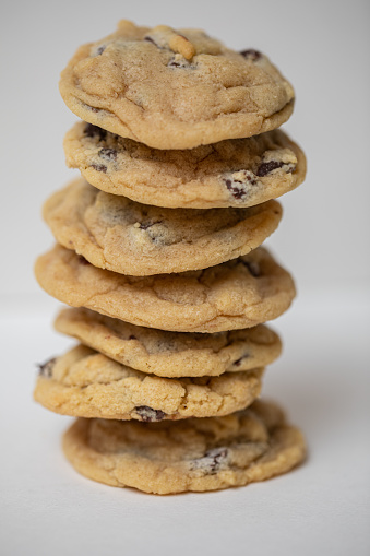 Close up stack of chocolate chip cookies