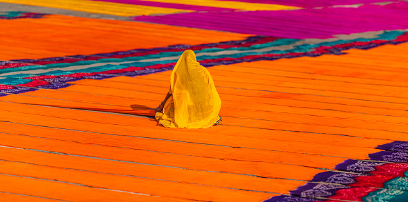 Indian woman checking freshly dyed fabric lying to dry in factory near Jodhpur, Rajasthan, India, Asia