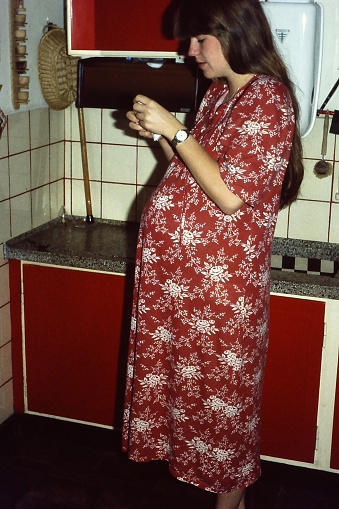 Standing  pregnant young woman in the kitchen, back in the seventies