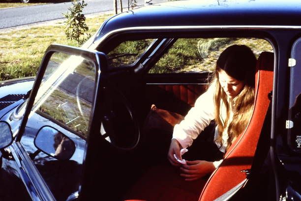 Family traveling by car in the seventies