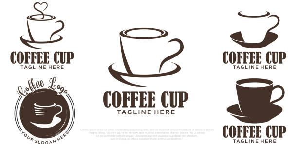 コーヒーカップアイコンセットロゴデザインテンプレート。ベクターコーヒーショップのラベル。 - barista coffee coffee crop heart shape点のイラスト素材／クリップアート素材／マンガ素材／アイコン素材
