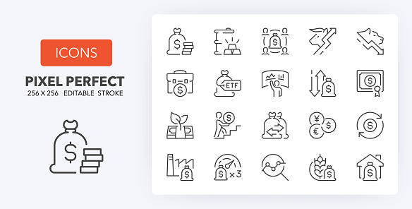 Investment funds. Thin line icon set. Outline symbol collection. Editable vector stroke. 256x256 Pixel Perfect scalable to 128px, 64px...
