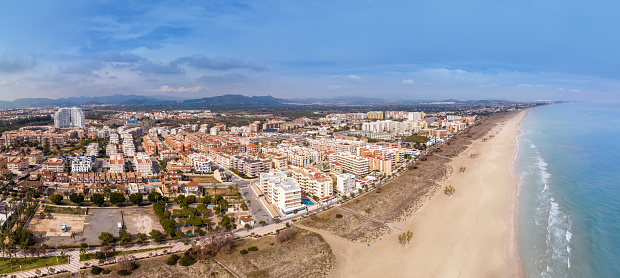 Canet de Berenguer beach skyline aerial view in Valencia with Mediterranean sea of Spain
