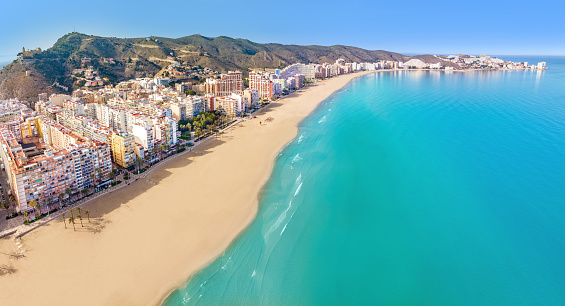 Cullera beach aerial skyline in Mediterranean Valencia of Spain Drone point of view