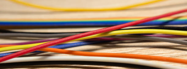 colorful computer electrical cable and wire, data transfer or internet network. banner, close up, selective focus - data technology computer cable power line imagens e fotografias de stock
