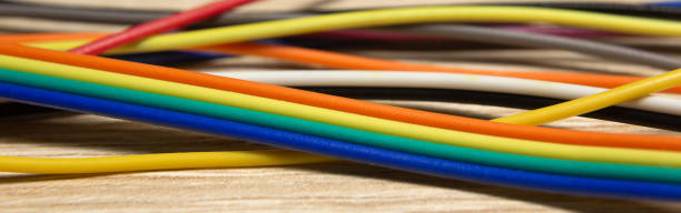 colorful computer electrical cable and wire, data transfer or internet network. banner, close up, selective focus - data technology computer cable power line imagens e fotografias de stock