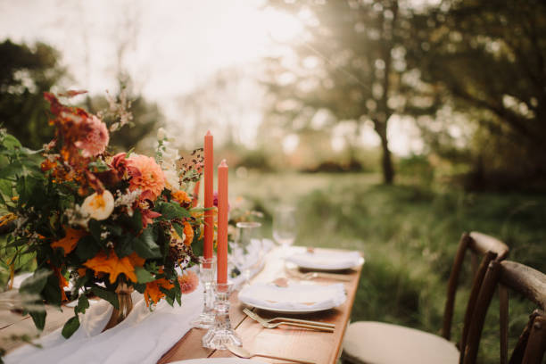 istock Side view of wedding reception table with candles 1471680847