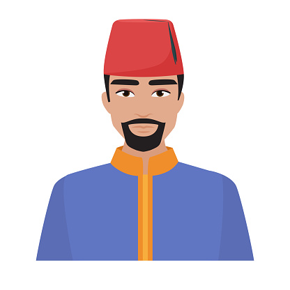 Turkish man in national clothes. Ottoman man wearing fez hat vector cartoon illustration