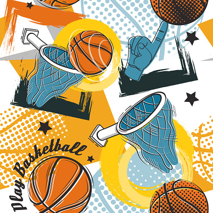 Hand drawing basketball graffiti pattern. Abstract fashion orange ball and basket, for sport t-shirt or wallpaper design. Decor textile, wrapping paper decor. Vector seamless current illustration
