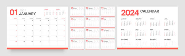 Monthly calendar for 2024 year. Starts on Sunday. Monthly calendar template for 2024 year. Wall calendar in a minimalist style. Week Starts on Sunday. Planner for 2024 year. calendar stock illustrations