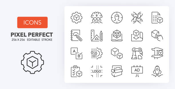 product development line icons 256 x 256 Set of thin line icons of new product development. Outline symbol collection. Editable vector stroke. 256x256 Pixel Perfect scalable to 128px, 64px... teamwork slogan stock illustrations