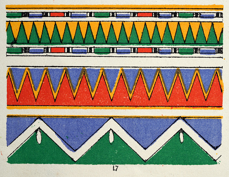 Vintage illustration Ancient Egyptian decorative art, From Mummy case, Colourful abstract patterns and shape, History of Design